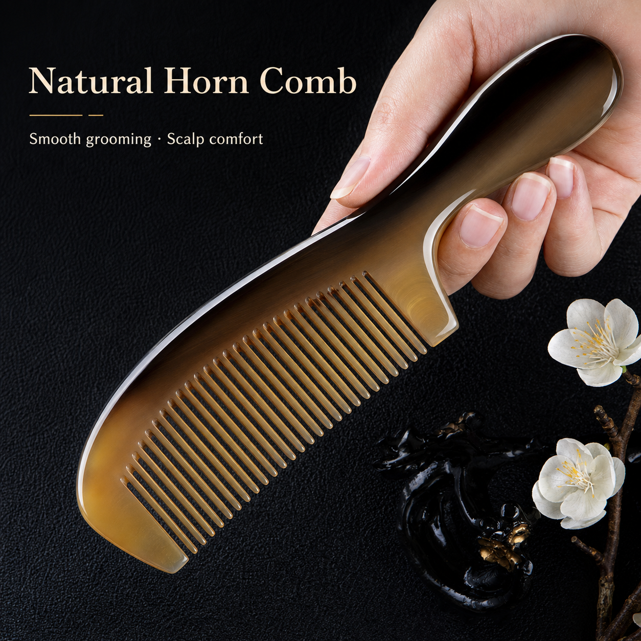 Natural Fuzhou horn comb with polished amber grain on a dark background